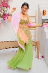 Shop_Tuhina Srivastava_Green Tulle, Silk, Chinon, Chiffon Embroidery Square Tartan Kurta Sharara Set _Online_at_Aza_Fashions