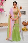 Buy_Tuhina Srivastava_Green Tulle, Silk, Chinon, Chiffon Embroidery Square Tartan Kurta Sharara Set _at_Aza_Fashions