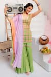 Buy_Tuhina Srivastava_Green Tulle, Silk, Chinon, Chiffon Embroidery Square Tartan Kurta Sharara Set 