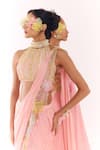 Shop_Show Shaa_Pink Satin, Organza Embroidery Halter Neck Pre-draped Saree And Blouse _Online_at_Aza_Fashions