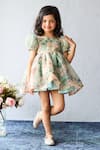 Buy_Pinkcow designs pvt ltd_Green Organza Lace Floral Print Puff Sleeve A-line Dress _at_Aza_Fashions