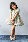 Buy_Pinkcow designs pvt ltd_Green Organza Lace Floral Print Puff Sleeve A-line Dress _Online_at_Aza_Fashions