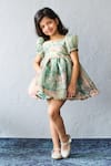 Shop_Pinkcow designs pvt ltd_Green Organza Lace Floral Print Puff Sleeve A-line Dress _Online_at_Aza_Fashions