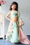 Shop_Pinkcow designs pvt ltd_Mint Organza, Net Applique, Embroidery Floral Print Lehenga Blouse And Dupatta Set _Online_at_Aza_Fashions