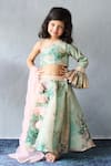 Buy_Pinkcow designs pvt ltd_Mint Organza, Net Applique, Embroidery Floral Print Lehenga Blouse And Dupatta Set _at_Aza_Fashions