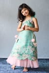 Pinkcow designs pvt ltd_Mint Organza Fabric Flowers, Bows Floral Print Halter Neck Frock _at_Aza_Fashions