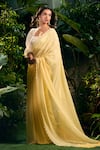 Aza X Shilpa Shetty Kundra_Yellow Georgette, Silk Satin, Animal Swirl Print Saree With Puff Sleeve Blouse _Online_at_Aza_Fashions