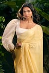 Shop_Aza X Shilpa Shetty Kundra_Yellow Georgette, Silk Satin, Animal Swirl Print Saree With Puff Sleeve Blouse _Online_at_Aza_Fashions