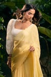 Aza X Shilpa Shetty Kundra_Yellow Georgette, Silk Satin, Animal Swirl Print Saree With Puff Sleeve Blouse _at_Aza_Fashions