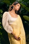 Aza X Shilpa Shetty Kundra_Yellow Georgette, Silk Satin, Animal Swirl Print Saree With Puff Sleeve Blouse _Online
