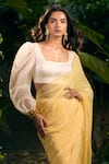 Buy_Aza X Shilpa Shetty Kundra_Yellow Georgette, Silk Satin, Animal Swirl Print Saree With Puff Sleeve Blouse _Online