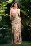Buy_Aza X Shilpa Shetty Kundra_Pink Lurex, Georgette, Modal, Silk Leafy Print Pre-draped Saree With Blouse _at_Aza_Fashions