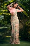 Buy_Aza X Shilpa Shetty Kundra_Pink Lurex, Georgette, Modal, Silk Leafy Print Pre-draped Saree With Blouse _Online_at_Aza_Fashions