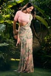 Shop_Aza X Shilpa Shetty Kundra_Pink Lurex, Georgette, Modal, Silk Leafy Print Pre-draped Saree With Blouse _Online_at_Aza_Fashions