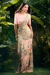 Aza X Shilpa Shetty Kundra_Pink Lurex, Georgette, Modal, Silk Leafy Print Pre-draped Saree With Blouse _at_Aza_Fashions
