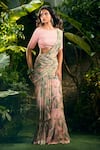 Shop_Aza X Shilpa Shetty Kundra_Pink Lurex, Georgette, Modal, Silk Leafy Print Pre-draped Saree With Blouse 
