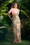 Aza X Shilpa Shetty Kundra_Pink Lurex, Georgette, Modal, Silk Leafy Print Pre-draped Saree With Blouse _Online