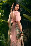 Shop_Aza X Shilpa Shetty Kundra_Pink Lurex, Georgette, Modal, Silk Leafy Print Pre-draped Saree With Blouse _Online