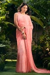 Shop_Aza X Shilpa Shetty Kundra_Peach Georgette Fringe Round Animal Swirl Print Saree Gown With Detachable Drape _Online_at_Aza_Fashions