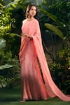 Aza X Shilpa Shetty Kundra_Peach Georgette Fringe Round Animal Swirl Print Saree Gown With Detachable Drape _Online