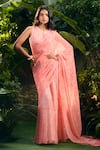 Buy_Aza X Shilpa Shetty Kundra_Peach Georgette Fringe Round Animal Swirl Print Saree Gown With Detachable Drape _Online