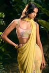 Buy_Aza X Shilpa Shetty Kundra_Pink Chiffon, Modal, Satin Embroidery Botanic Print Pre-draped Saree With Blouse _Online_at_Aza_Fashions