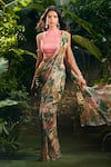 Buy_Aza X Shilpa Shetty Kundra_Green Lurex, Georgette, Modal, Forest Print Pre-draped Saree With Pink Blouse _at_Aza_Fashions