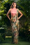 Shop_Aza X Shilpa Shetty Kundra_Green Lurex, Georgette, Modal, Forest Print Pre-draped Saree With Pink Blouse _Online_at_Aza_Fashions