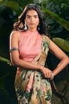 Aza X Shilpa Shetty Kundra_Green Lurex, Georgette, Modal, Forest Print Pre-draped Saree With Pink Blouse _at_Aza_Fashions