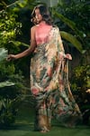 Aza X Shilpa Shetty Kundra_Green Lurex, Georgette, Modal, Forest Print Pre-draped Saree With Pink Blouse _Online