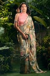 Buy_Aza X Shilpa Shetty Kundra_Green Lurex, Georgette, Modal, Forest Print Pre-draped Saree With Pink Blouse _Online