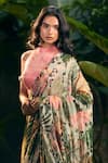Shop_Aza X Shilpa Shetty Kundra_Green Lurex, Georgette, Modal, Forest Print Pre-draped Saree With Pink Blouse _Online