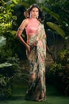 Aza X Shilpa Shetty Kundra_Green Lurex, Georgette, Modal, Forest Print Pre-draped Saree With Pink Blouse 