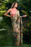 Aza X Shilpa Shetty Kundra_Green Lurex, Georgette, Modal, Forest Print Pre-draped Saree With Pink Blouse 