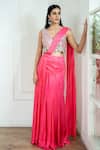 Buy_Akanksha Mago_Pink Satin, Georgette Embroidery, Mirrors Hand Blouse And Pre-draped Saree Set _at_Aza_Fashions