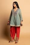 Buy_Pants And Pajamas_Aqua Chanderi Embroidery, Zari V-neck Raunaq Kurta Set _Online_at_Aza_Fashions