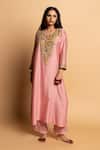Buy_Pants And Pajamas_Pink Chanderi , Cotton, Embroidery, Zari Round Alankrita Kurta Set _at_Aza_Fashions