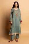 Buy_Pants And Pajamas_Aqua Chanderi Zari, Embroidery Round Neck Ruh Kurta _at_Aza_Fashions