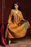 Shop_Pants And Pajamas_Mustard Chanderi , Organza Embroidery, Zari, Lace Zauq Kurta Set 