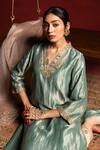 Pants And Pajamas_Aqua Chanderi Embroidery, Zari V-neck Zeb-e-taj Kurta _at_Aza_Fashions