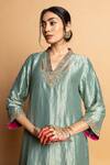 Buy_Pants And Pajamas_Aqua Chanderi Embroidery, Zari V-neck Zeb-e-taj Kurta 