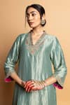 Shop_Pants And Pajamas_Aqua Chanderi , Cotton, , Organza Embroidery, Zeb-e-taj Kurta Set _Online