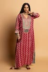 Buy_Pants And Pajamas_Pink Silk Embroidery, Zari, Sequins V-neck Rajsi Roop Kaftan _at_Aza_Fashions