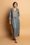 Shop_Pants And Pajamas_Aqua Silk Embroidery, Zari, Sequins V-neck Rajsi Roop Kaftan _Online_at_Aza_Fashions