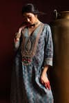 Pants And Pajamas_Aqua Silk Embroidery, Zari, Sequins V-neck Rajsi Roop Kaftan _at_Aza_Fashions