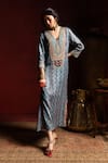 Buy_Pants And Pajamas_Aqua Silk Embroidery, Zari, Sequins V-neck Rajsi Roop Kaftan _at_Aza_Fashions
