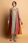 Buy_Pants And Pajamas_Gray Silk, Chanderi Embroidery, Zari Round Neck Kanaklata Kurta 