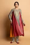 Shop_Pants And Pajamas_Gray Silk, Chanderi Embroidery, Zari Round Neck Kanaklata Kurta 