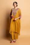 Buy_Pants And Pajamas_Mustard Silk Organza Embroidery, Zari Round Neck Ratnaanini Kaftan _Online_at_Aza_Fashions