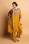 Shop_Pants And Pajamas_Mustard Silk Organza Embroidery, Zari Round Neck Ratnaanini Kaftan _Online_at_Aza_Fashions